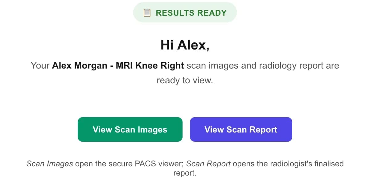 The results email, with green View Scan Images and blue View Scan Report buttons