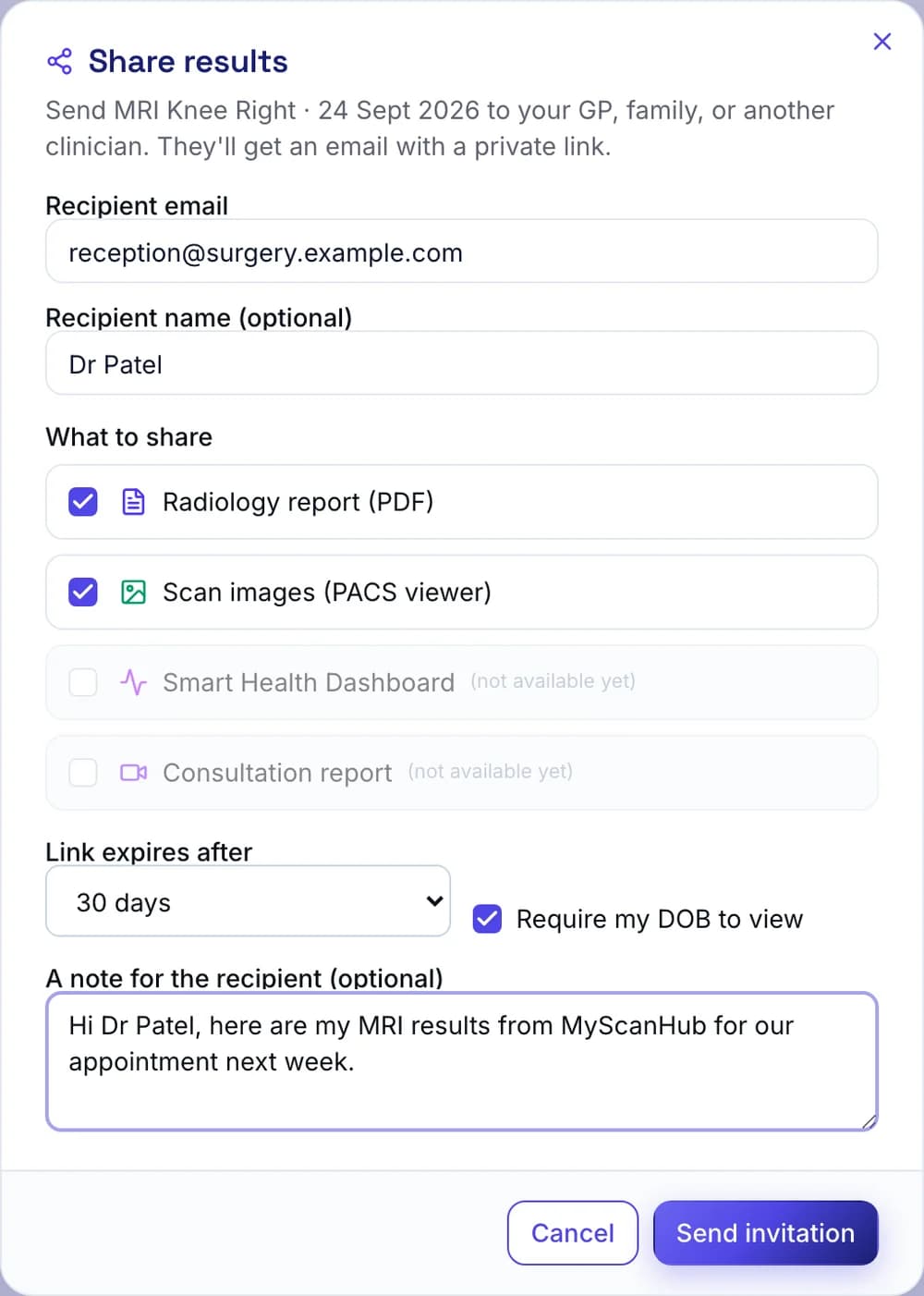The Share results window, with the GP's email, what to share, link expiry and the date of birth option