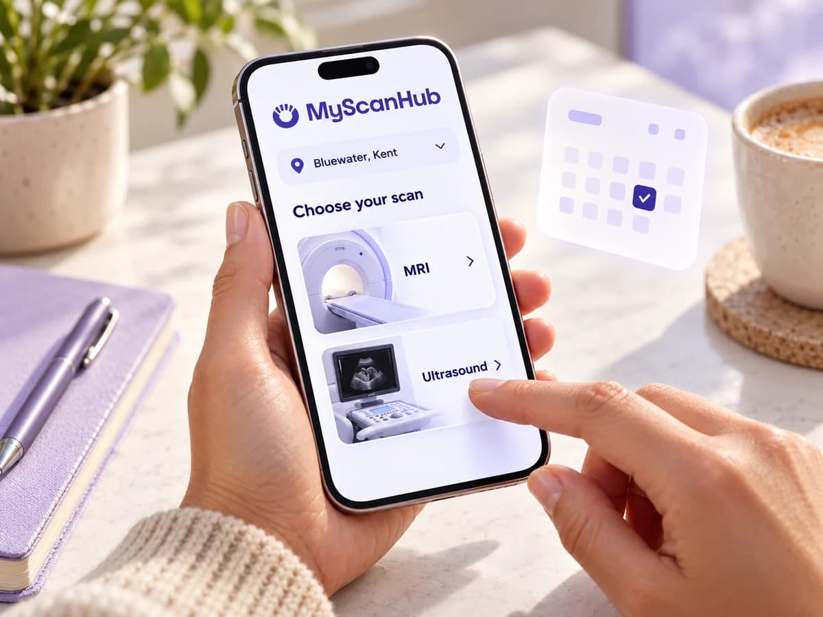 Illustrative MyScanHub booking screen with MRI and ultrasound options at Bluewater