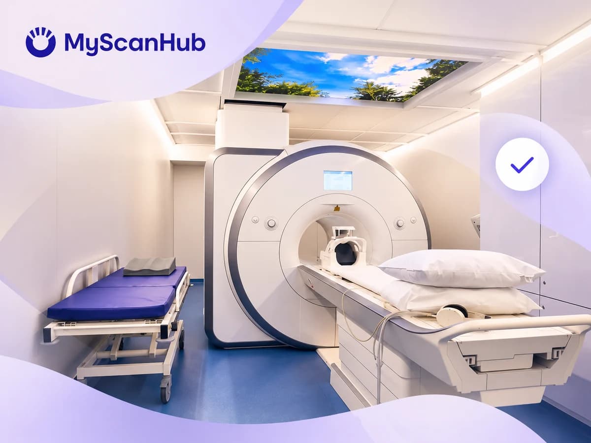 Branded illustration based on MyScanHub’s actual MRI room and scanner