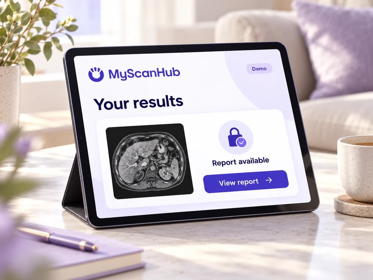 Illustrative MyScanHub results portal on a tablet, clearly labelled Demo