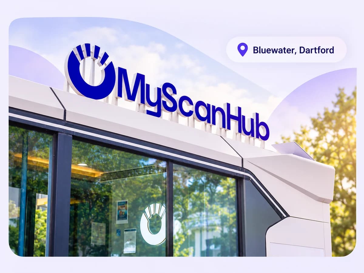 Branded illustration based on the real MyScanHub clinic exterior at Bluewater, Dartford